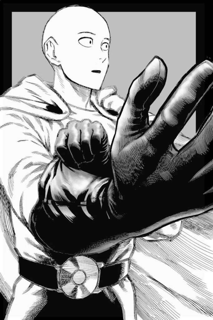 Bald Saitama wearing his hero uniform- a suit, cape, belt, and gloves.