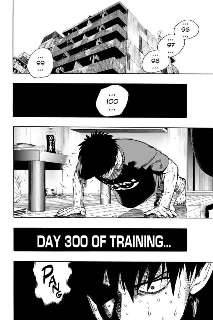 Saitama is doing push ups during his Day 300 of Training.