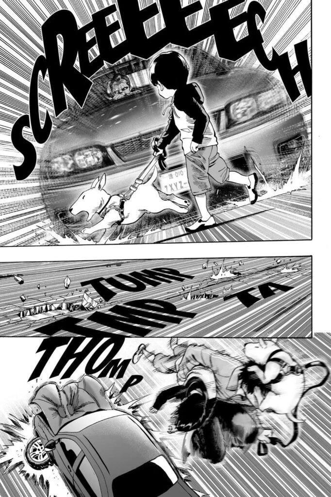 Saitama rescues the kid and the dog before getting hit by a speeding car.