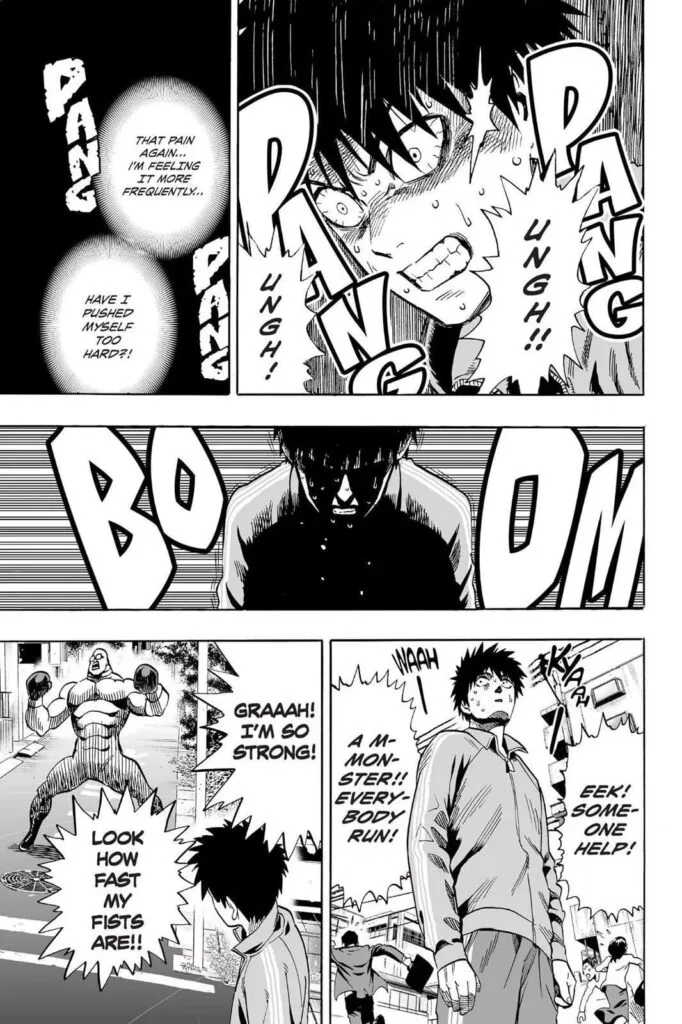 Saitama suddenly in pain when a monster that looks like a boxer shows up.