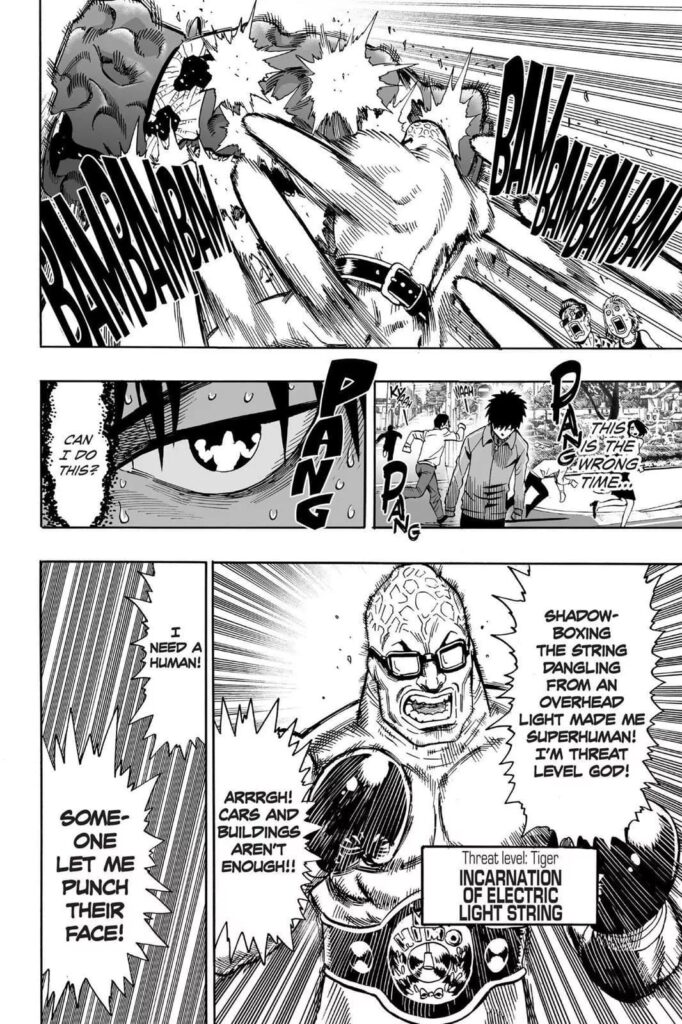 Saitama walks while the monster identifies himself as the Threat Level Tiger: Incarnation of Electric Light String.