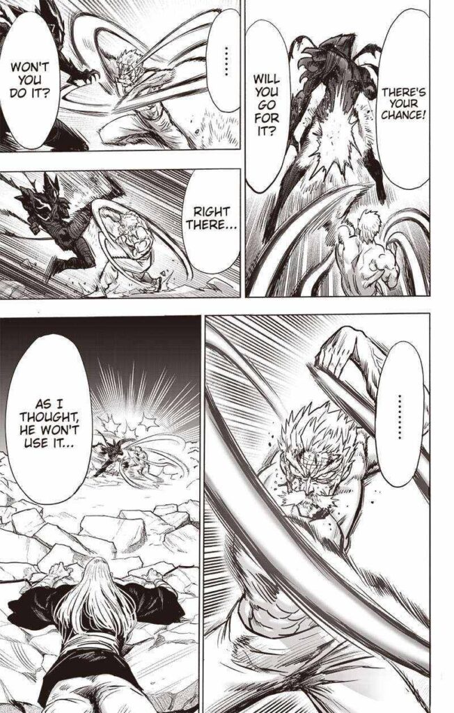 Bomb observes Bang attacking Garou. But Bang is not using his secret technique.