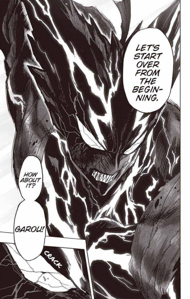 Garou looks menacing, and his white eyes and face start cracking.