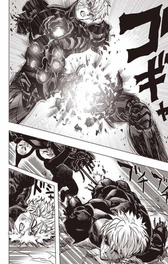 On the frontline, Black Sperm removes Genos' leg.