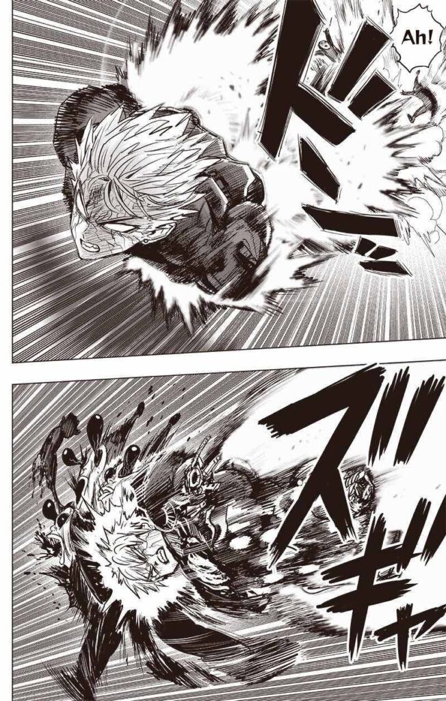 Genos powers up his boosters, hitting and destroying copies of Black Sperms in the way.
