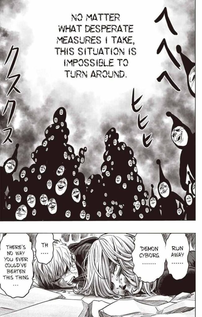 Copies and merges of Black Sperm laugh at the fallen heroes. Tatsumaki tells Genos to escape.