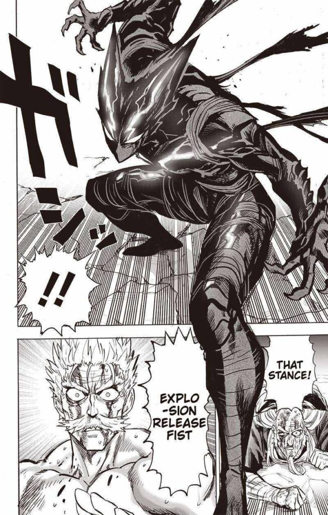 Garou makes a forbidden stance called "Explosion Release Fist." Bang and Bomb are surprised.