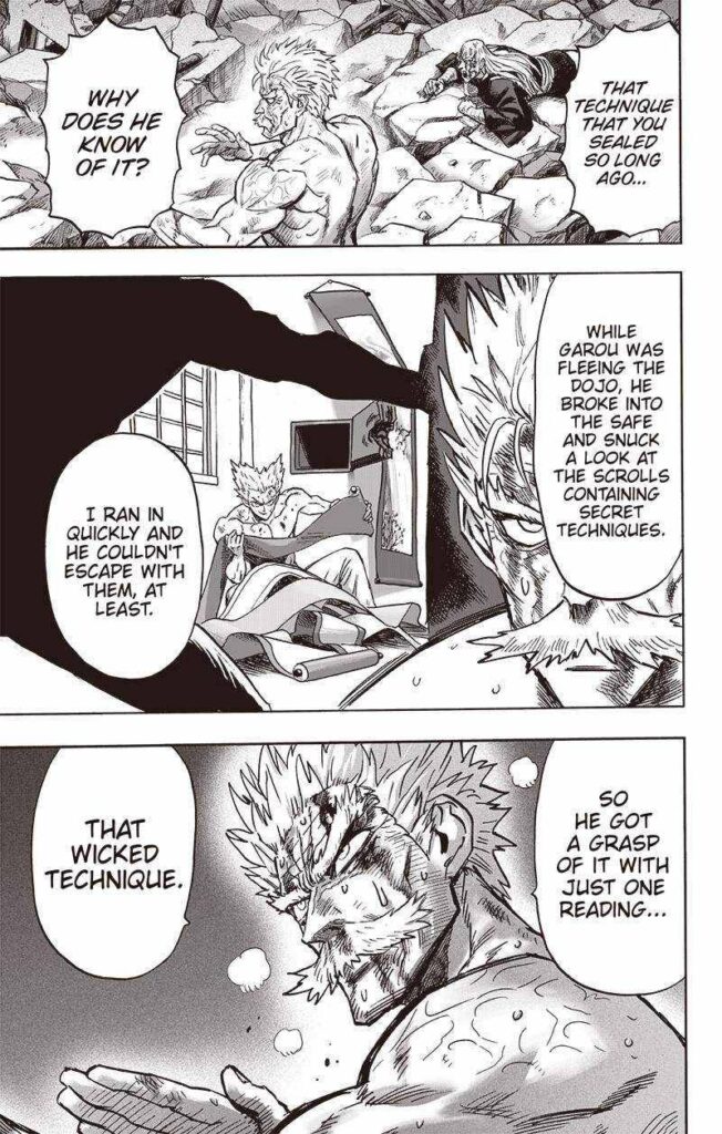 Bang remembers Garou reading the scrolls using a forbidden technique.