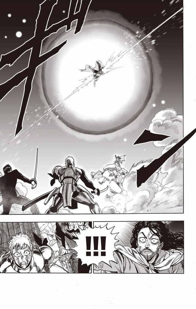 Homeless Emperor, IAIron, and Spring Mustachio watch as Atomic Samurai cuts the huge energy sphere.