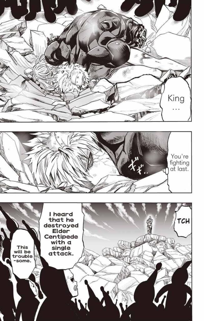 Genos, who is badly destroyed and lying on the ground, as well as Black Sperm copies sees King.