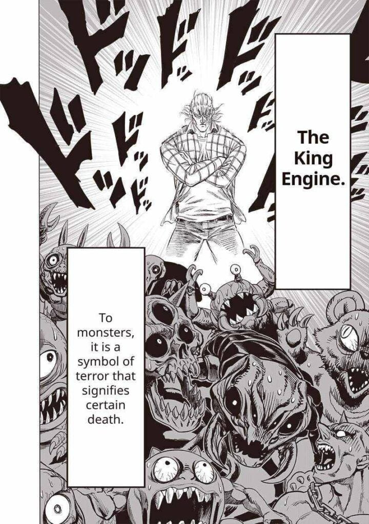 King seriously stands with his arms crossed, and the monster runs from him out of fear.