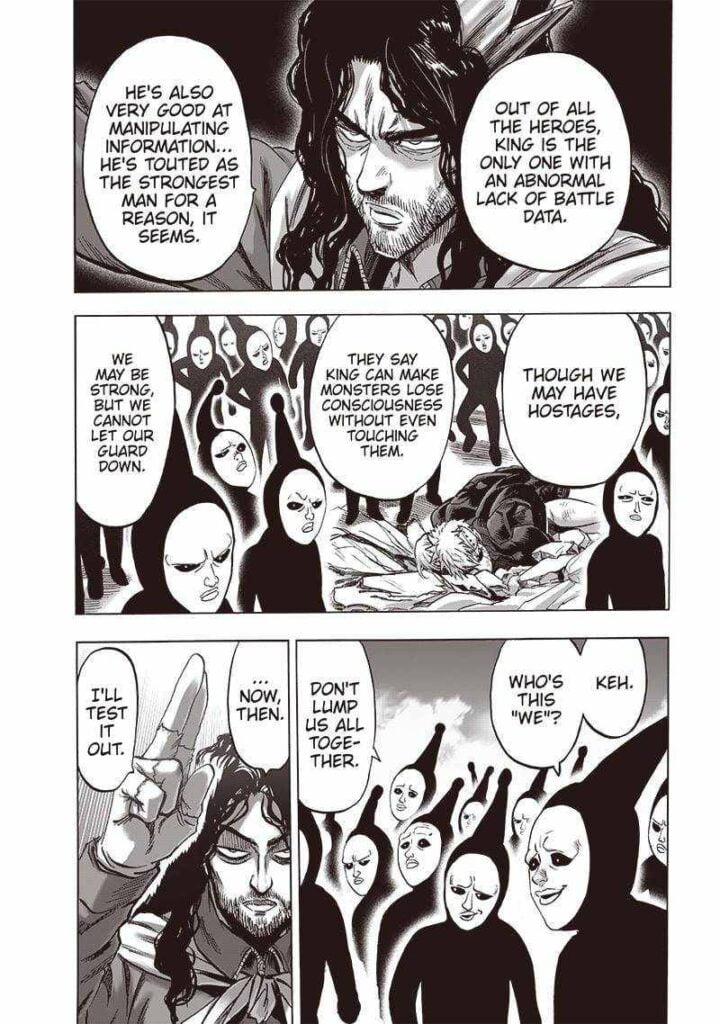 Black Sperm copies argue among themselves while taking Genos and Tatsumaki hostage. Homeless Emperor starts making a move.