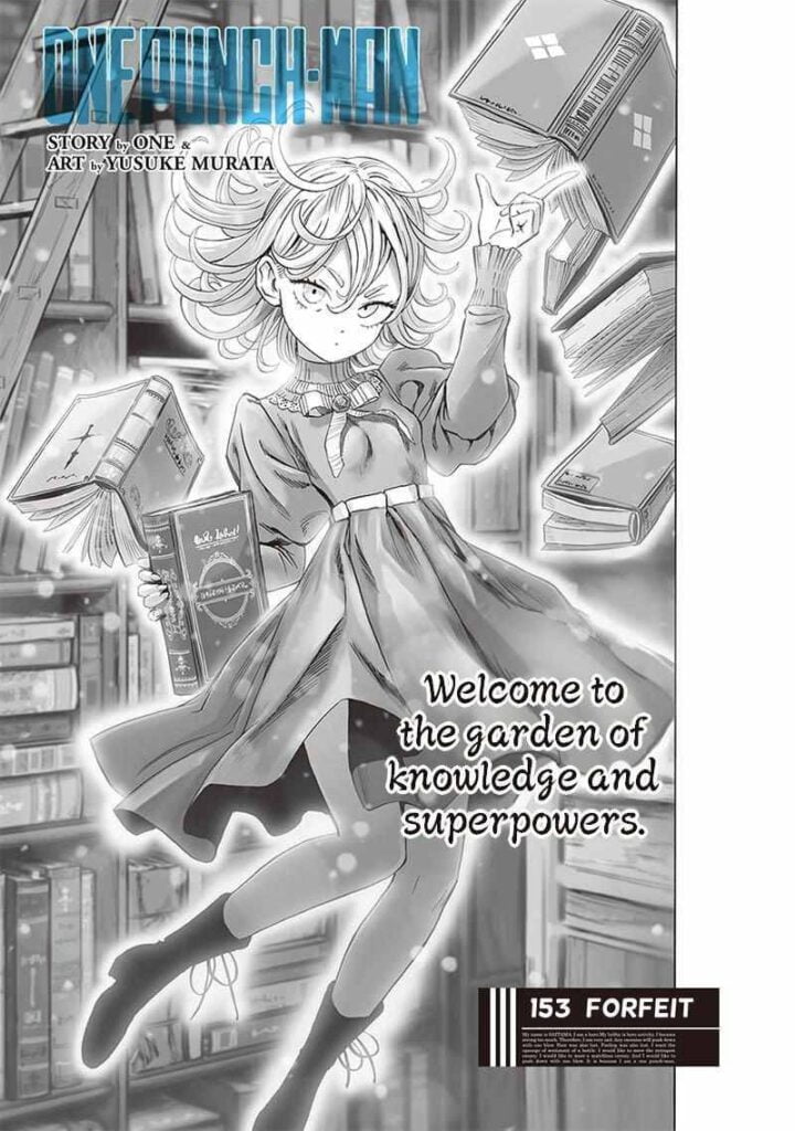 Tatsumaki is wearing a lovely dress in the library while levitating with books around her as the cover image.