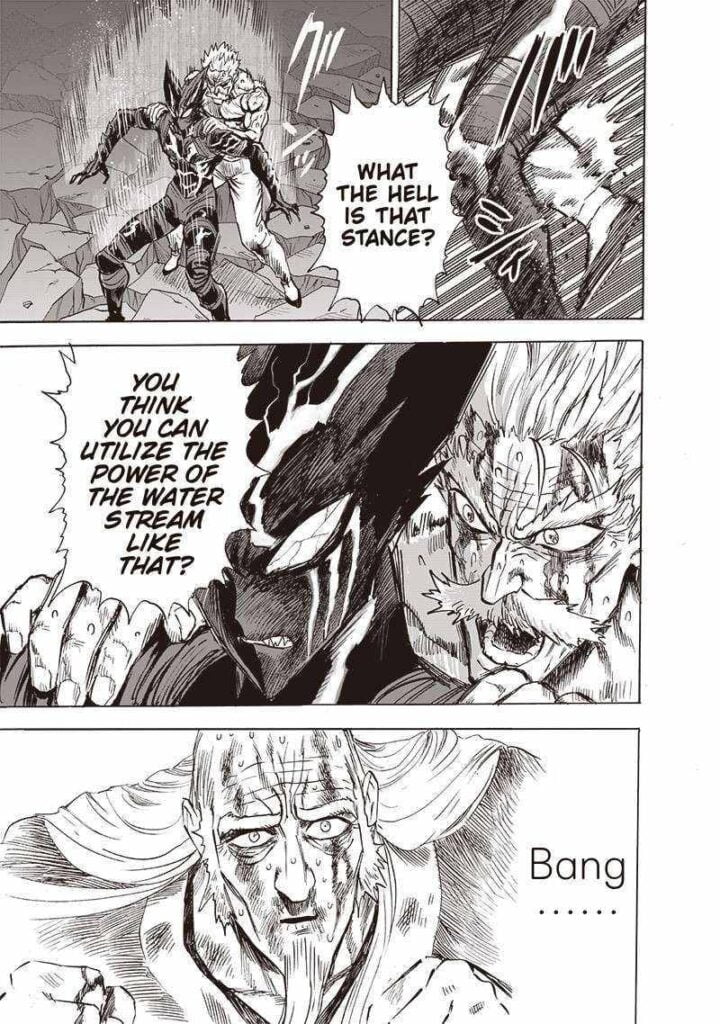 Bang holds Garou's shoulder from behind. Bomb watches them.