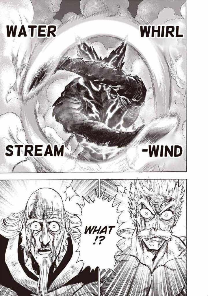 Bang and Bomb are shocked after seeing Garou move his hands in a circular motion.