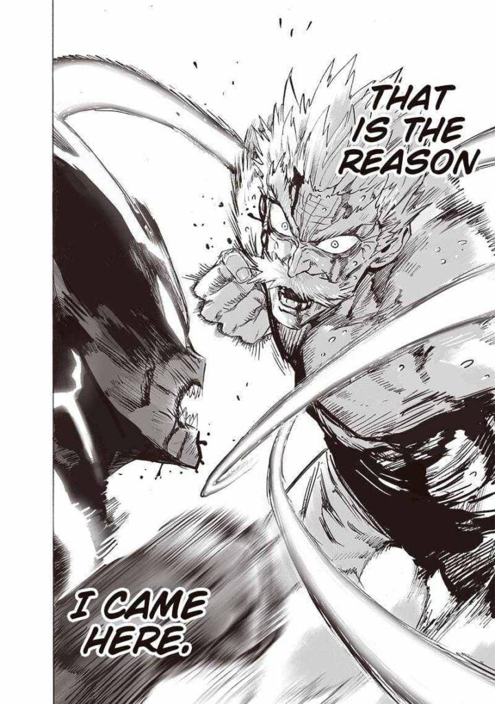 Bang prepares a powerful punch near Garou's face.