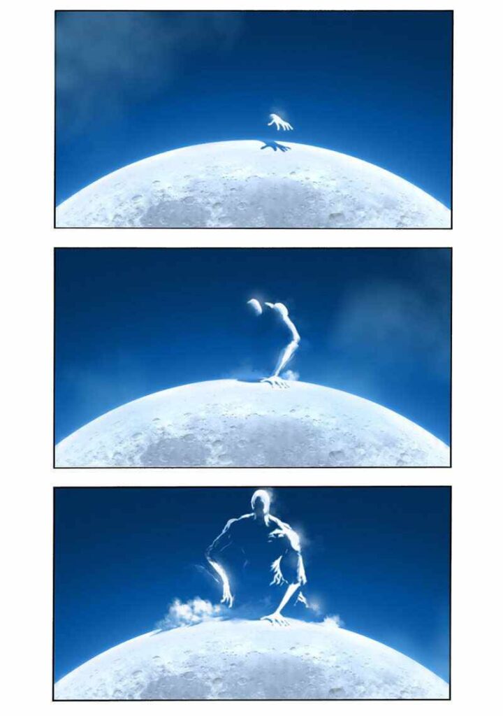 On a color page, a human-like figure without a face shows up crouching on the moon.