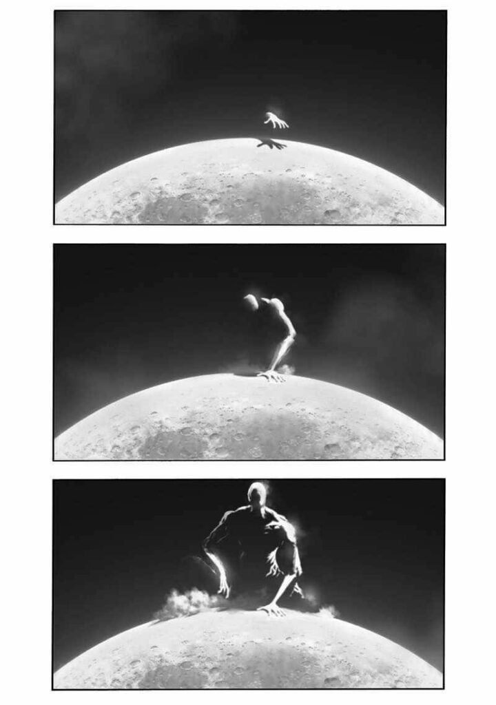 On a black-and-white page, a human-like figure without a face shows up crouching on the moon.