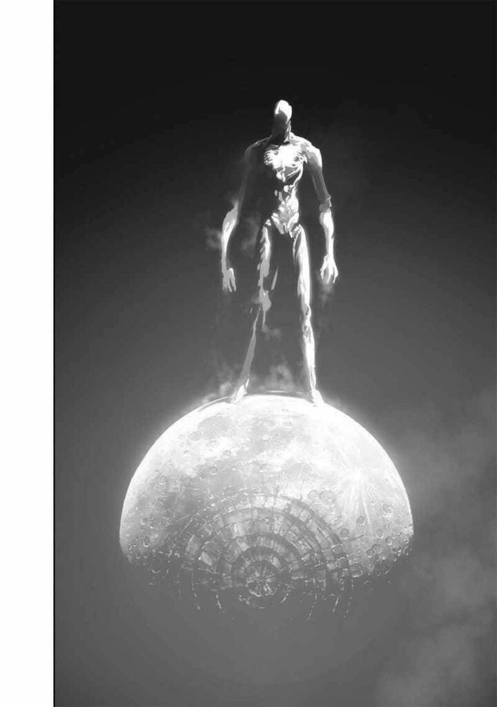 On a black-and-white page, the human-like figure is like a thin giant. He now stands on the moon.