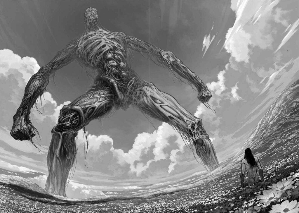 On a black and white page, Homeless Emperor stands before the giant human-like figure he called "God" in an open field.