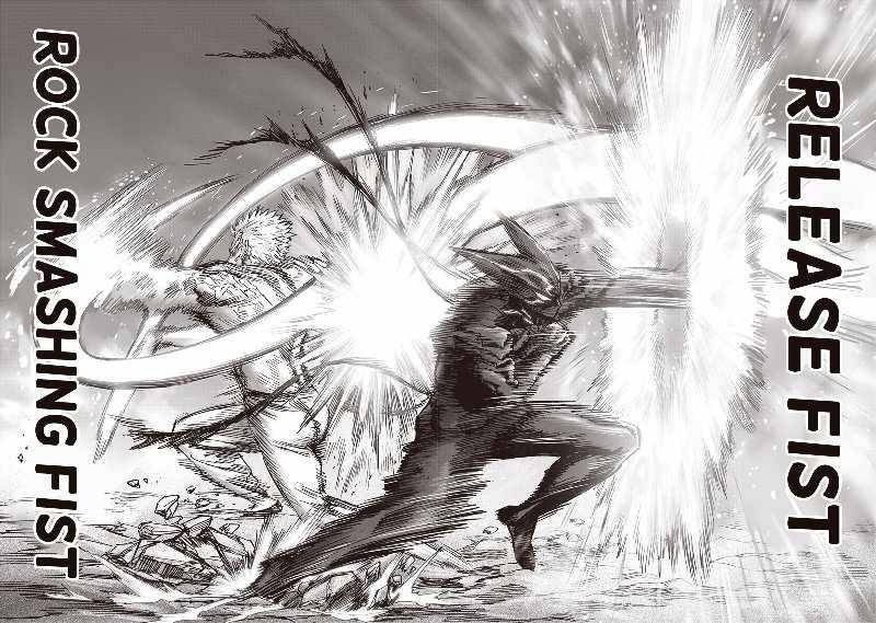 Garou uses Exploding Heart Release Fist. Bang attacks with Water Stream Rock Smashing Fist. Their fight creates shockwaves.