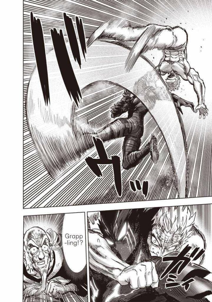 Bang flips, trying to dodge Garou's attack. He moves behind him and grapples Garou.