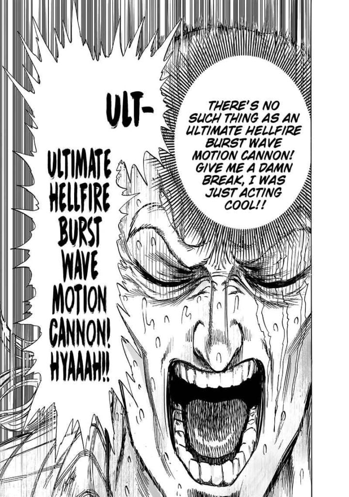 King closes his eyes while sweating and chanting his "Ultimate Hellfire Burst Wave Motion Cannon!" technique.