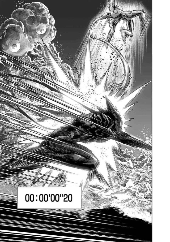 Garou hits Platinum Sperm and sends him flying while Evil Natural Water looks at him.