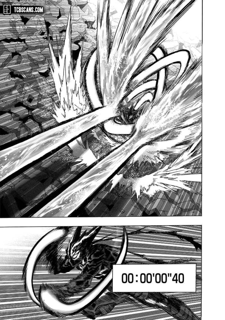 Garou deflects the attack and moves towards Evil Natural Water. A timer is shown in milliseconds during his attacks.