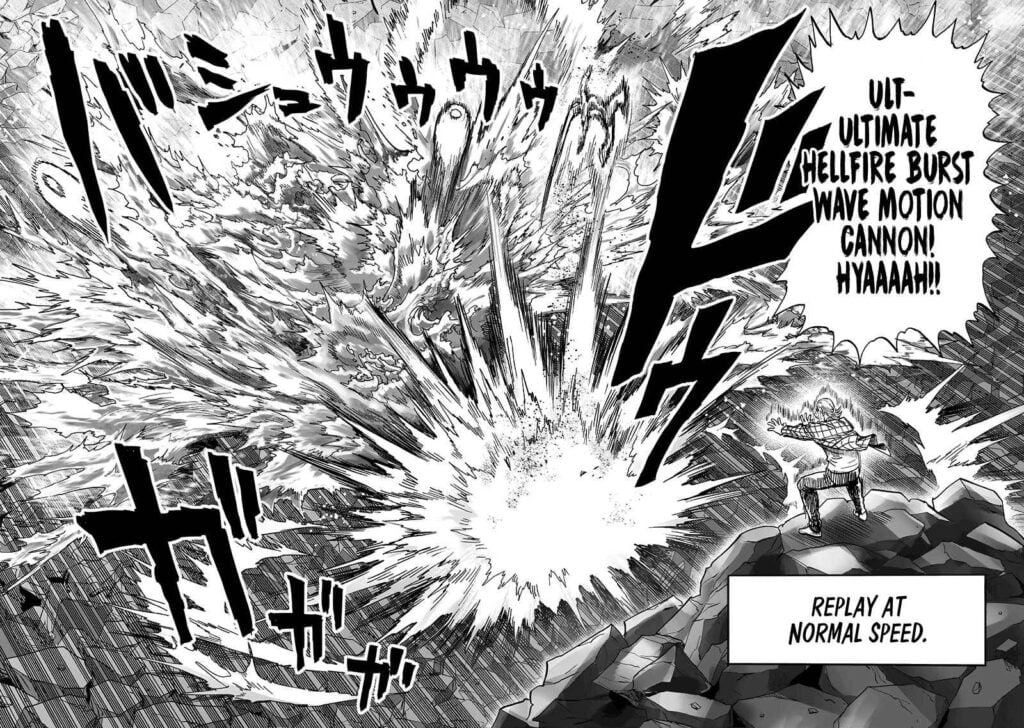 King fires his Ultimate Hellfire Burst Wave Motion Cannon, which seems to destroy the enemies before him. Garou actually did it.