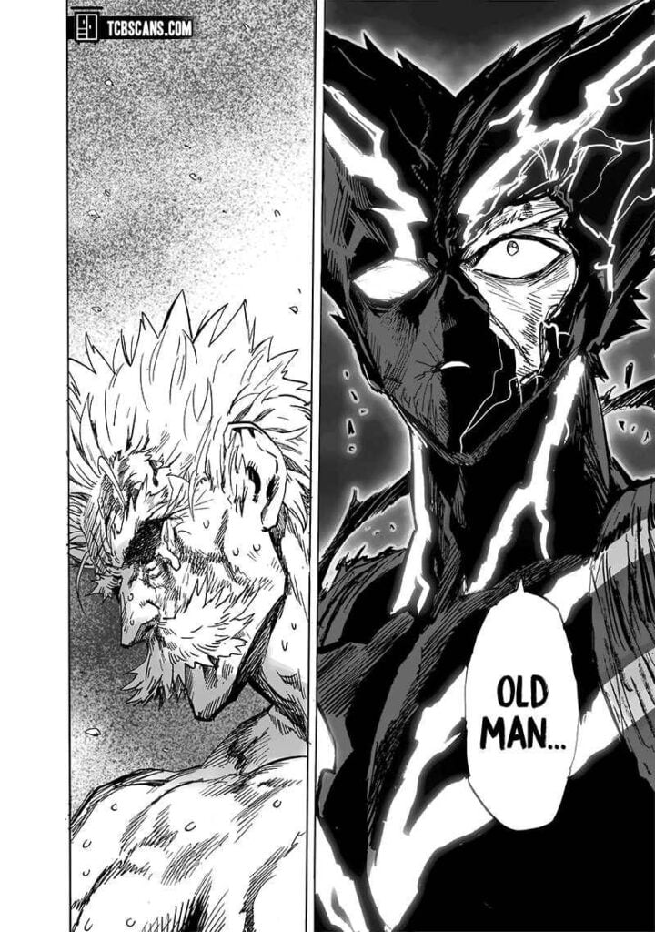 Garou, with broken scales on his face, remembers his old man Bang, who is unconscious.