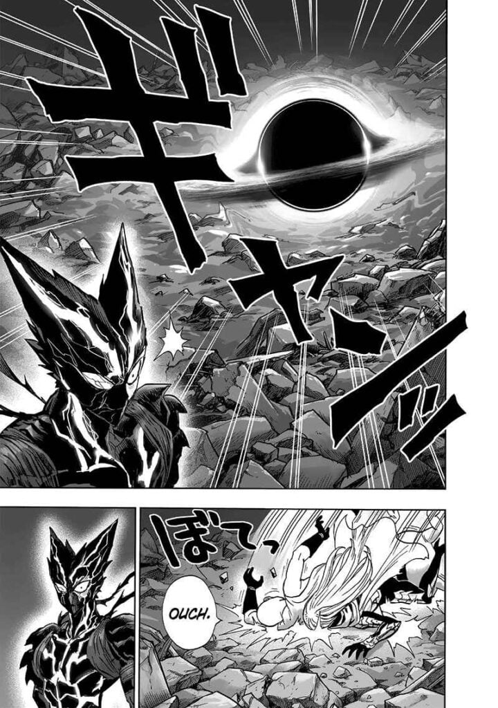 Suddenly, a tiny black hole appears behind Garou, and Saitama, Manako, and Flashy Flashy emerge and fall to the ground.