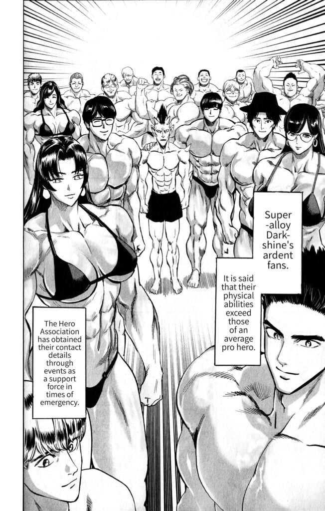 Dark calms down after being surrounded by muscular men and women who are Darkshine's fans.