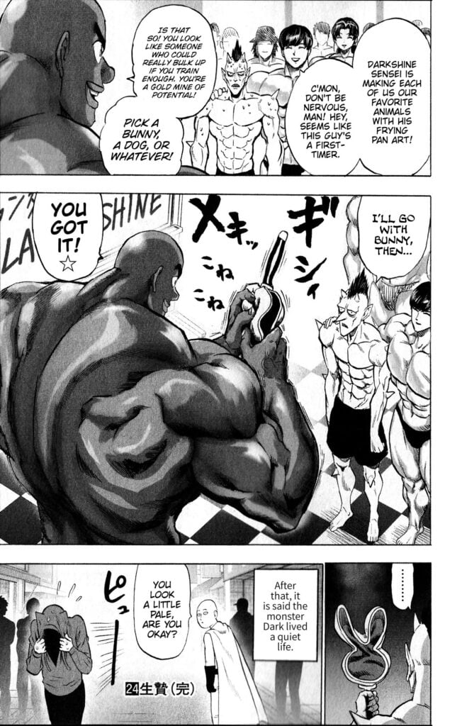 Dark, together with the muscular guys, is now infront of Darkshine who makes a bunny shaped frying fan for him.