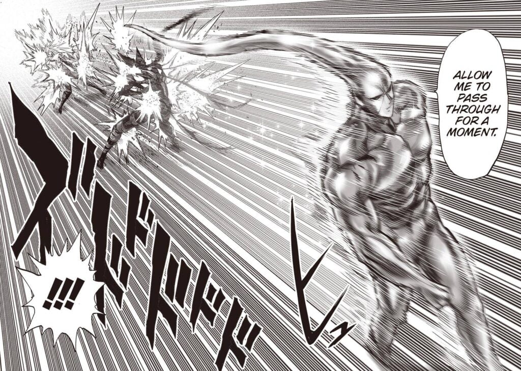 Platinum Sperm swiftly passes by and attacks Flashy Flash and Garou.