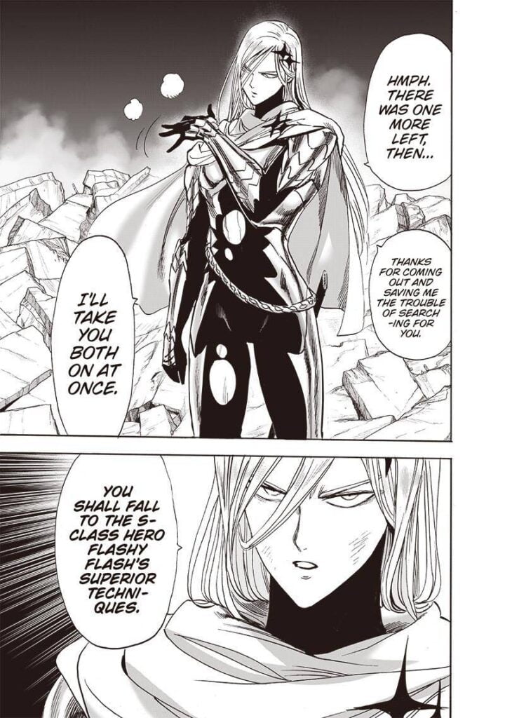 Flashy Flash dusts his shoulder while proclaiming to defeat Garou and Platinum Sperm at once.