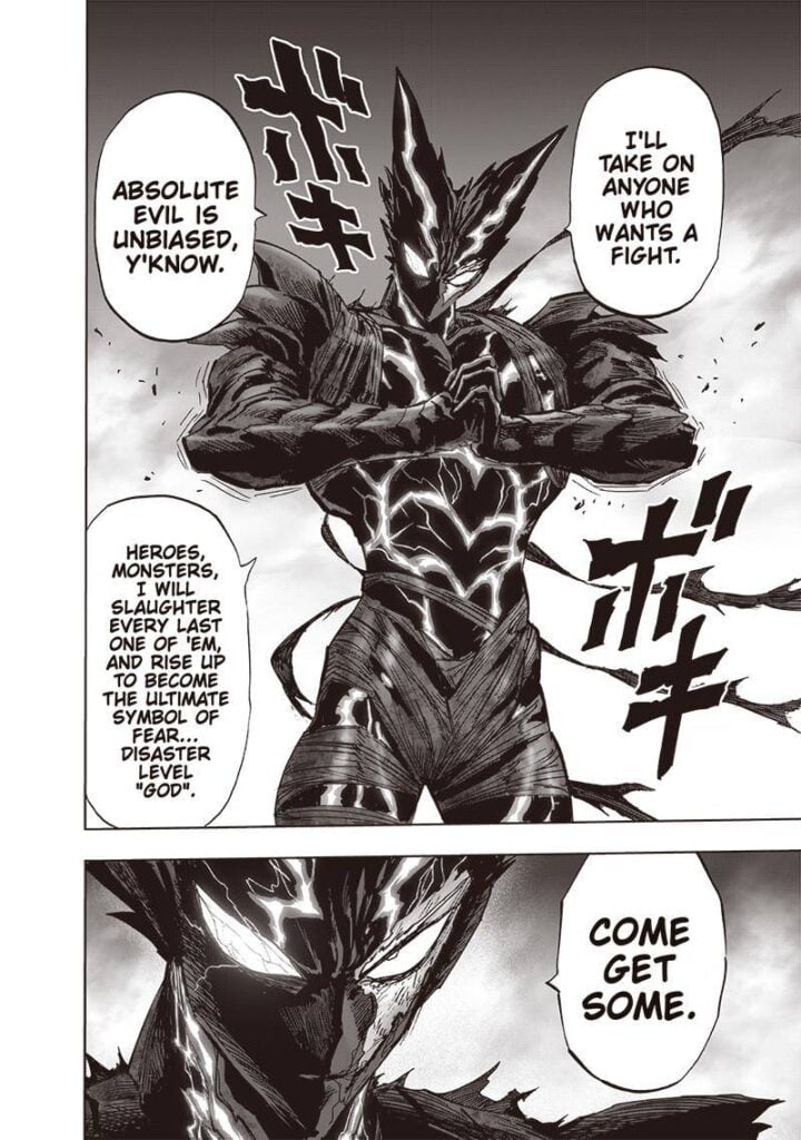 Garou knocks his knuckles, preparing to fight Flashy Flash and Platinum Sperm head-on.