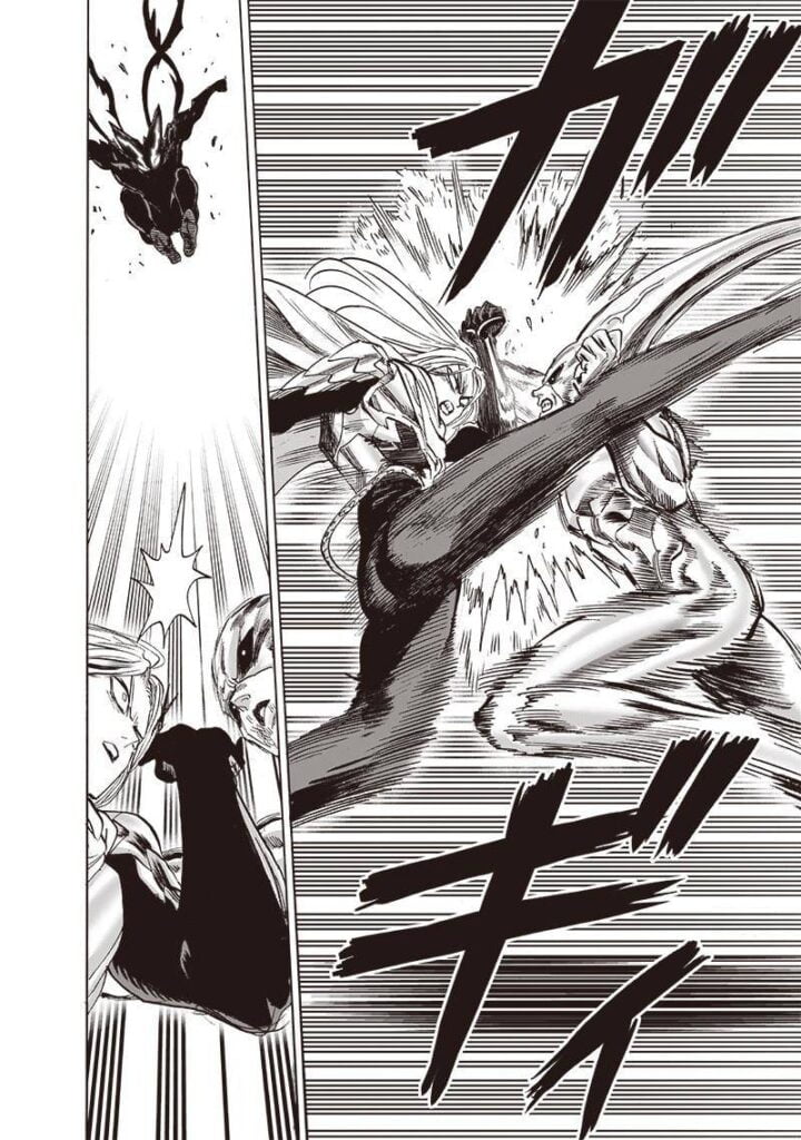 Flashy Flash and Platinum Sperm clash. Garou jumps and prepares to attack them from the sky.