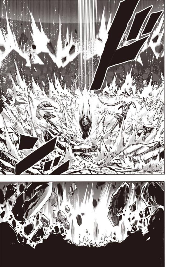 Platinum Sperm and Flashy Flash separate as Garou misses them both. His attack hits the ground and shatters it.