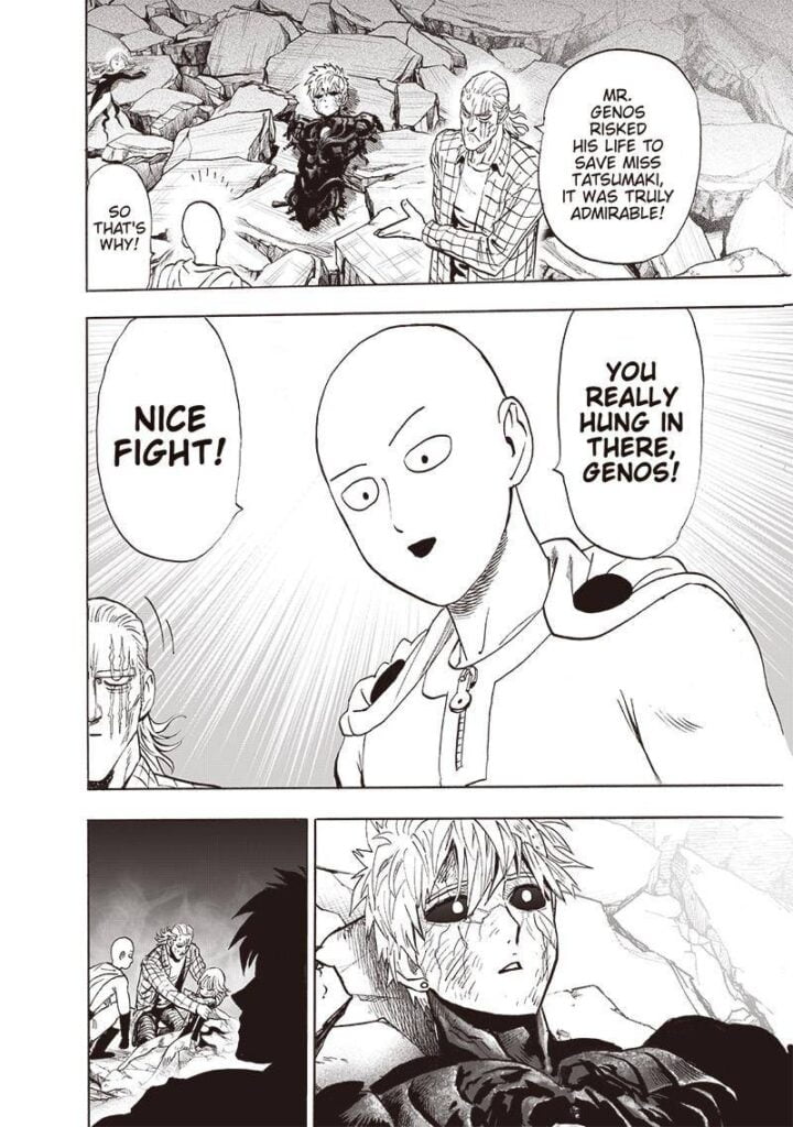 King tells Saitama that Genos saved Tatsumaki. Saitama praises Genos.