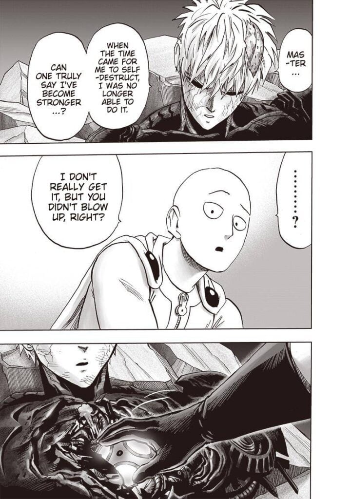 Genos looks serious after telling Saitam about his self-destruct method. Saitama touches Genos' energy core.