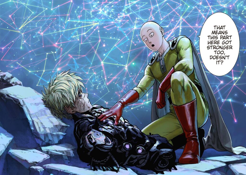 On a colored page, Saitama crouches while touching Genos' chest. The sky behind them flashes with beautiful, colorful lights.