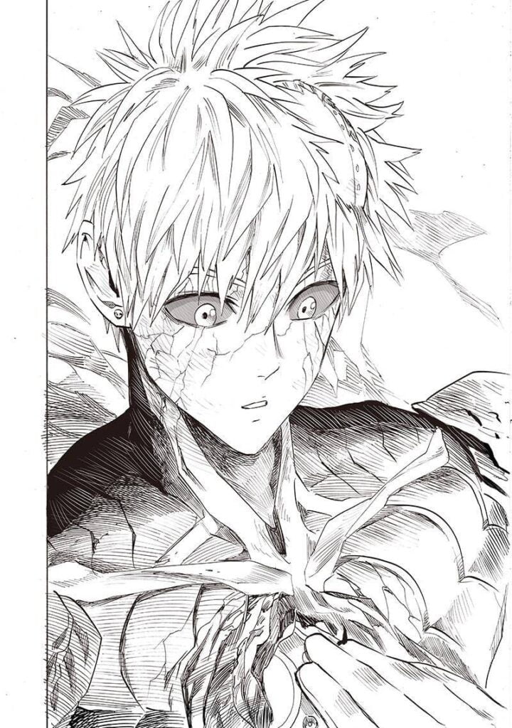 Genos looks glad and surprised after Saitama tells him his "heart" also grew stronger.