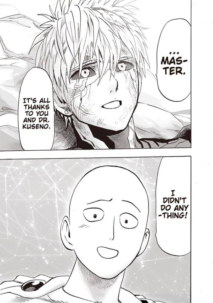 Genos looks teary, thanking Saitama and Dr. Kuseno, while Saitama looks happy. The sky behind him still flashes.