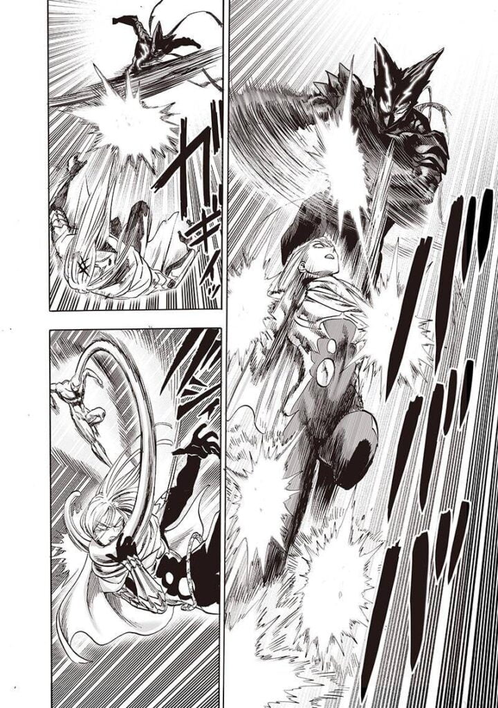 Garou kicks Flashy Flash while Platinum Sperm grabs Flashy Flash using his tail head.