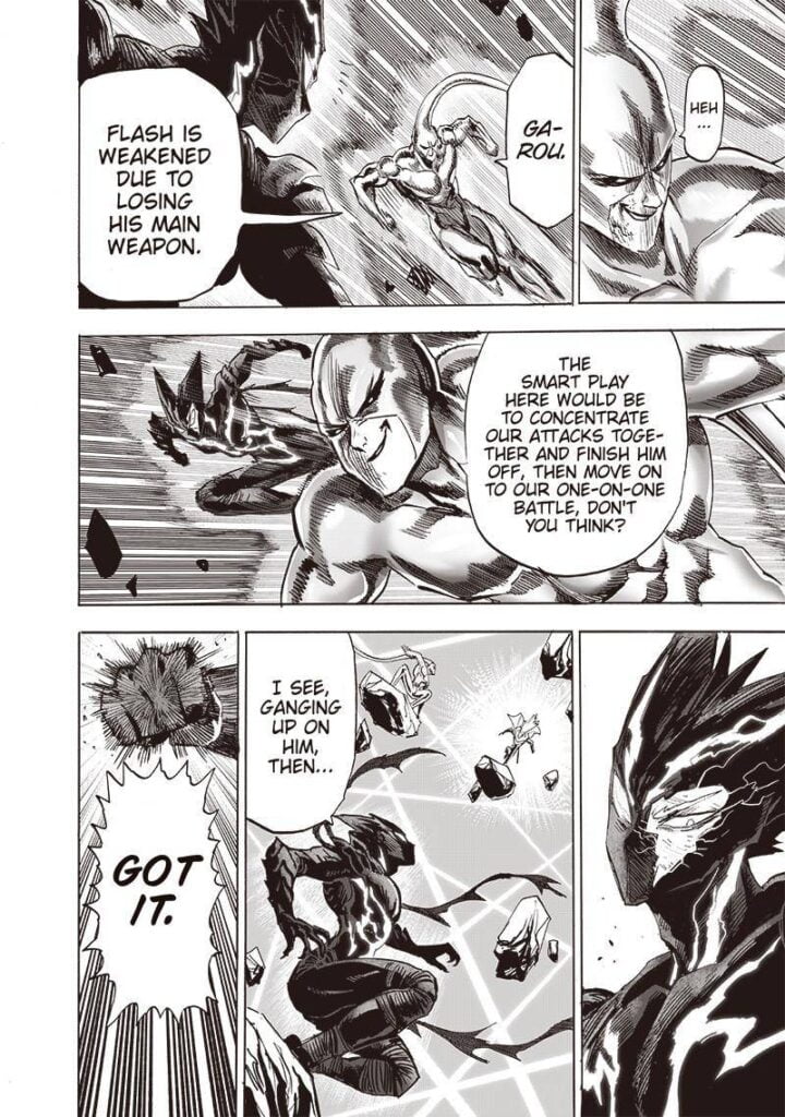 Platinum Sperm moves close to Garou and suggests they both attack the weakened Flashy Flash. Garou prepares a punch.