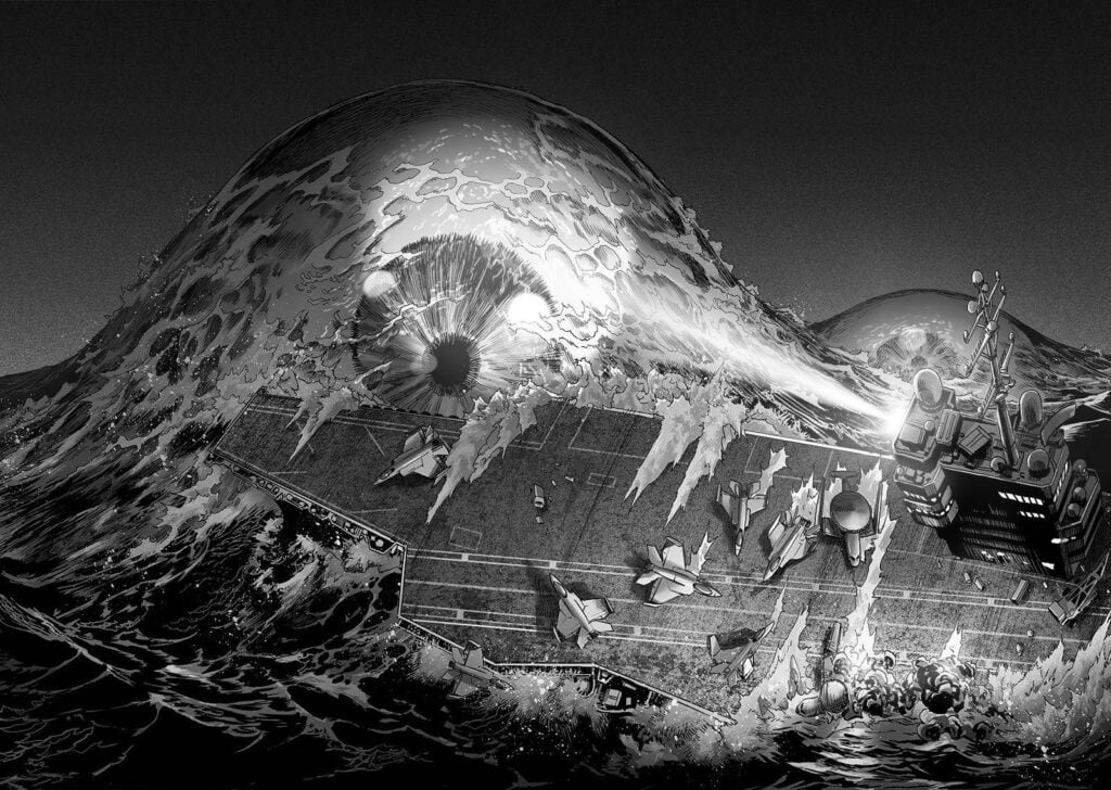 A huge eye bulges on the water surface. The fighter jets fall on the water as the aircraft carrier lists to port side.