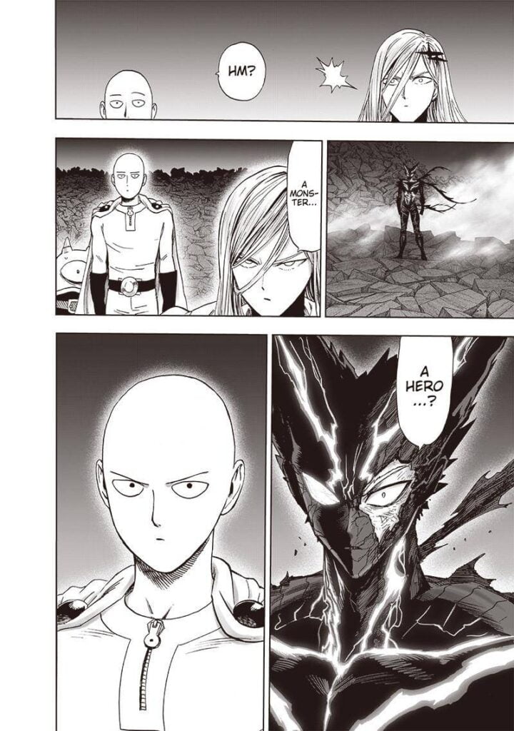 Saitama and Flashy Flash see monsterised Garou. Garou also sees them.