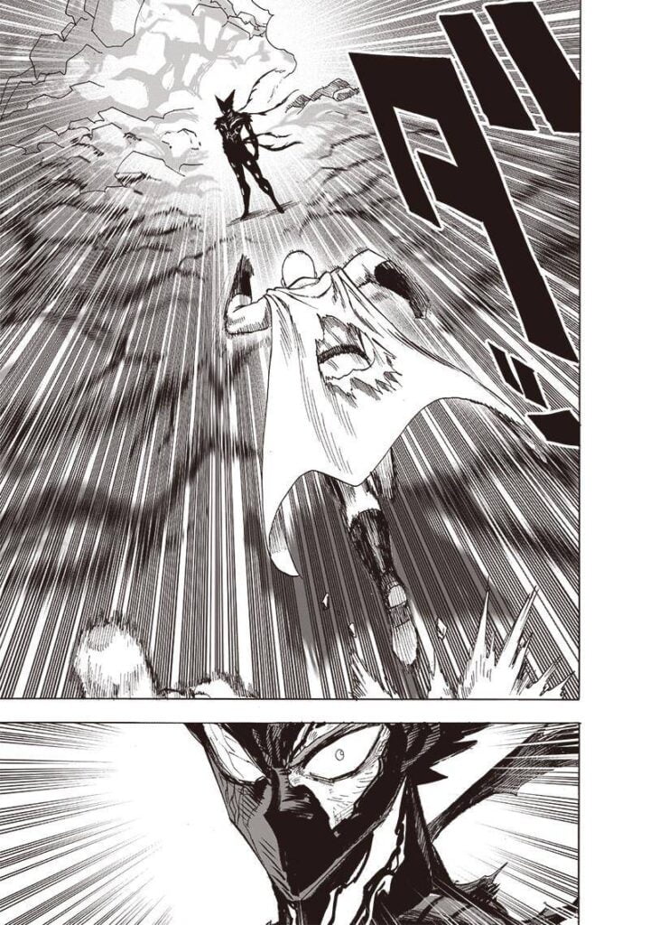 Saitama swiftly runs towards Garou.