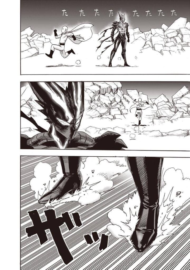 Saitama runs past Garou as he heads to the rubble.